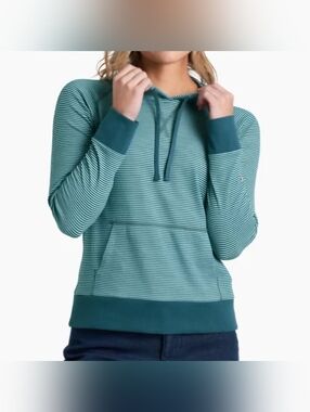 KUHL Women's Stria Pullover Hoodie Size XL Teal Striped Lightweight Sweater